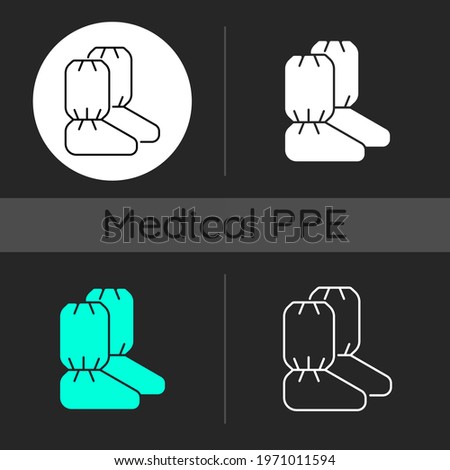 Medical boot covers dark theme icons set. Protective wear from dangerous contamination. Quarantine safety. Disposable PPE. Linear white, solid glyph and RGB color styles. Isolated vector illustrations
