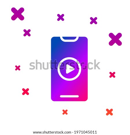 Color Online play video icon isolated on white background. Smartphone and film strip with play sign. Gradient random dynamic shapes. Vector Illustration