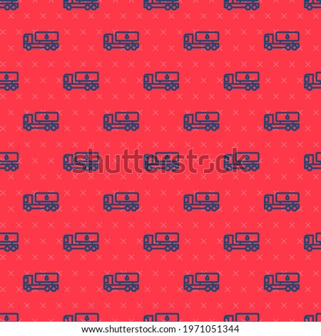 Blue line Tanker truck icon isolated seamless pattern on red background. Petroleum tanker, petrol truck, cistern, oil trailer.  Vector