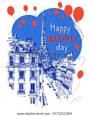 French National Day, Happy Bastille Day, 14th July. Vector sketch illustration of Paris. Bastille Day design concept. Banner, card or poster. Eiffel Tower sketched illustration. Flat style.