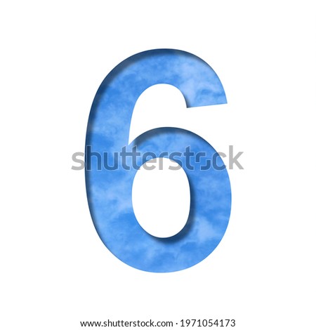 Font on blue sky.  The digit six, 6 cut out of paper on a background of a bright blue sky with light clouds. Set of decorative natural fonts