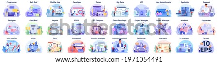 Big IT profession set. Programmer write software and create code for computer. Coding script for project and app. Digital technology for website, interface and devices. Vector illustration. Royalty-Free Stock Photo #1971054491