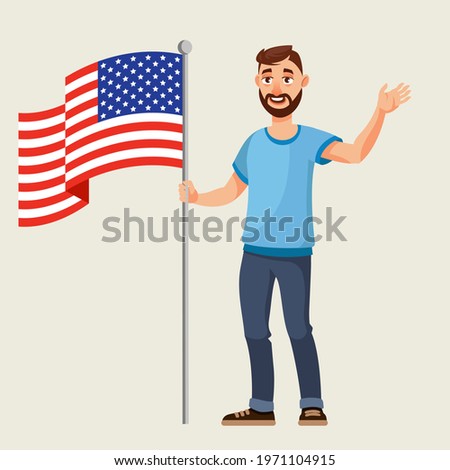 Man standing with american flag. Male person in cartoon style.