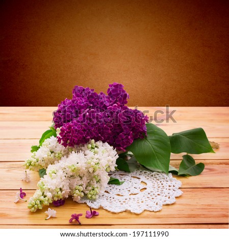 Flower lilac branch . Flowers white and purple lilac. Beautiful bouquet of colorful spring flower. Template for greeting cards, mother's day, valentine, birthday celebration. 