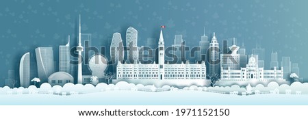 Illustration travel landmarks architecture Canada in toronto famous city. Canadian on maple leaves background. Tour ontario with panoramic popular capital by paper origami, Vector illustration. Royalty-Free Stock Photo #1971152150