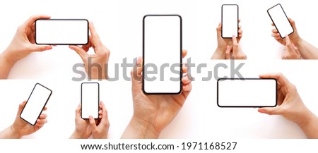 Set of photos of mobile phone in hand, isolated on white background