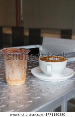 Iced chocolate and hot coffee latte, stock photo