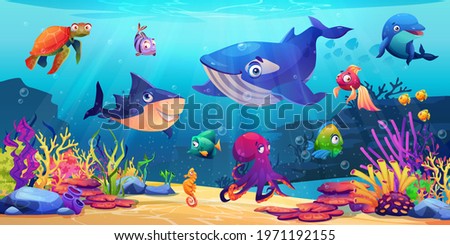 Marine life, underwater world with sea ocean animals, corals and algae, cartoon dolphin and shark, whale and fish, turtle and jellyfish. Childish seabed bottom creatures, undersea biodiversity fauna Royalty-Free Stock Photo #1971192155