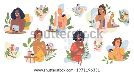 Beauty girls take care of skin and applying cosmetics on face flat cartoon vector illustrations set. Women making facial massages, self care routine, moisturizing and hygiene, natural herbal products Royalty-Free Stock Photo #1971196331
