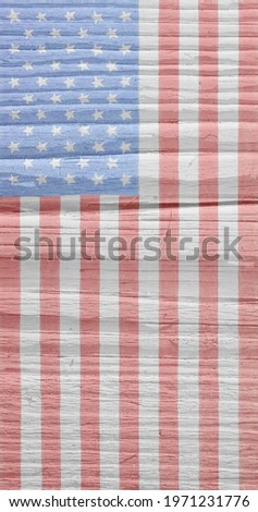 Hand-drawn US flag on an old wooden surface. Light patriotic mobile phone wallpaper. Vertical background or backdrop with pale faded colors. Stars and Stripes top-down