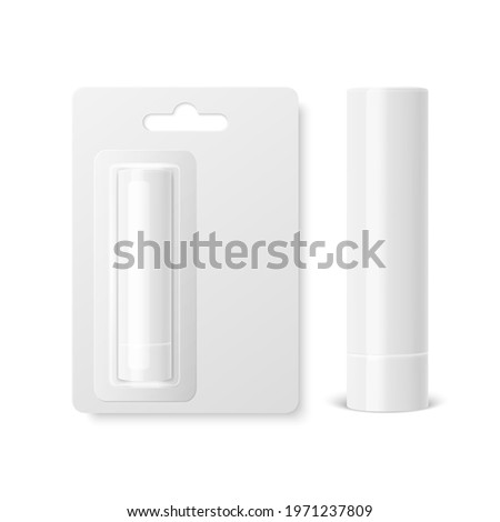 Vector Realistic 3d White Blank Closed Lip Balm Stick, Hygienic Lipstick and Blister Packaging Set Isolated. Design Template for Graphics, Vector Mockup. Cosmetic, Beauty, Makeup Concept. Front View Royalty-Free Stock Photo #1971237809