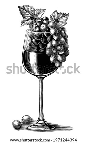 Grape wine with glass hand drawn vintage engraving style black and white clip art isolated on white background