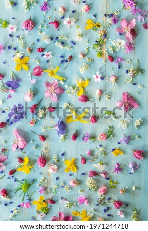Wooden background with small flowers, good morning, top view