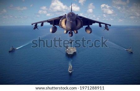 military jet and  four ships Royalty-Free Stock Photo #1971288911