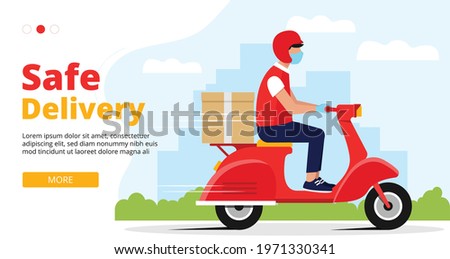 
Safe delivery web banner. Male courier riding red retro scooter with delivery paper box. City background. Flat style vector illustration. Delivery service, online order or food delivery web site. 