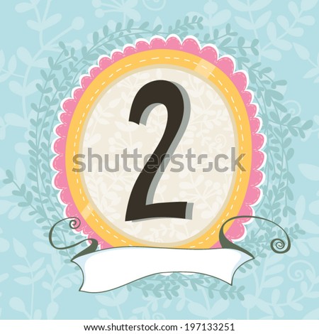 Cute design of number with floral wreath and ribbon banner. Can be used as creating card, invitation card for wedding,birthday and page of calendar. On of set. Two.