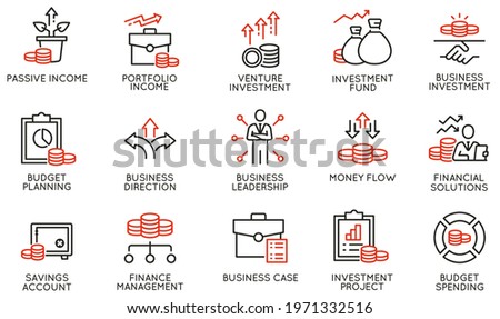 Vector Set of Linear Icons Related to Business investment, Trade Service, Investment Strategy and Finance Manegement. Mono Line Pictograms and Infographics Design Elements Royalty-Free Stock Photo #1971332516