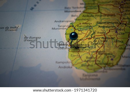Toliara, city in Madagascar pinned on geographical map Royalty-Free Stock Photo #1971341720