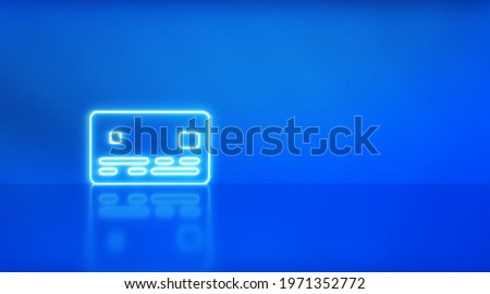 Credit card icon of neon light on blue background. e-business, pay online concept.