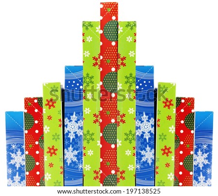 A number of Christmas gift boxes, lined up vertically against a plain white background.