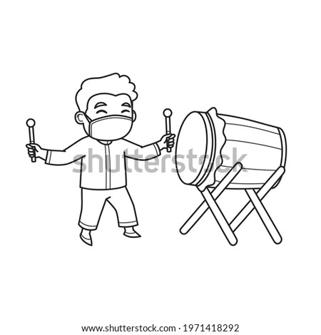 Boy Character Play Mosque Drum and Wearing a Face Mask. Vector Illustration. Coloring Book.
