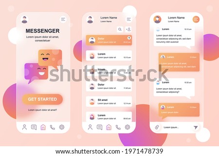 Messenger neumorphic elements kit for mobile app. Chat list, incoming message, online correspondence, communication. UI, UX, GUI screens set. Vector illustration of templates in glassmorphic design Royalty-Free Stock Photo #1971478739