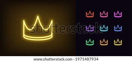 Neon crown icon. Glowing neon corona sign, outline crown pictogram in vivid color. King or Queen golden crown, kingdom, authority and nobility. Vector icon set, sign, symbol for UI