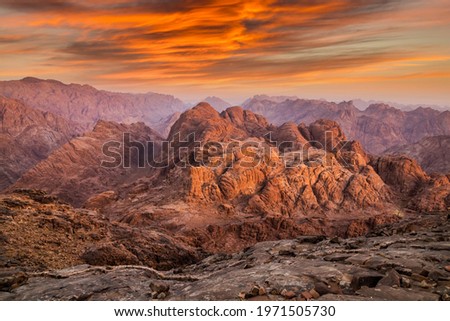 View from Mount Sinai at sunrise. Beautiful mountain landscape in Egypt. Royalty-Free Stock Photo #1971505730
