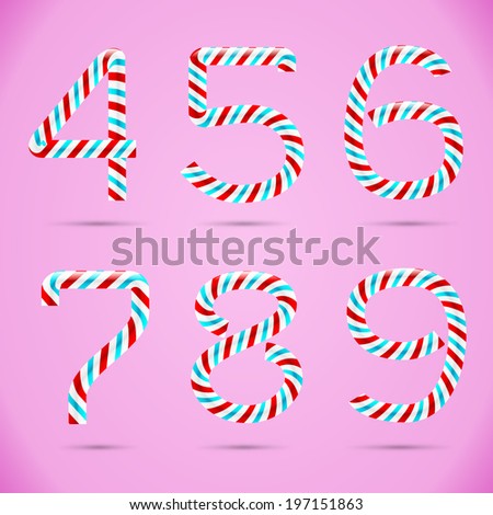 Candy 3D alphabet. Candy numbers. Sweet numbers. Vector numbers. Candy font. Typography. Number 4. Number 5. Number 6. Number 7. Number 8. Number 9. Four. Five. Six. Seven. Eight. Nine. 