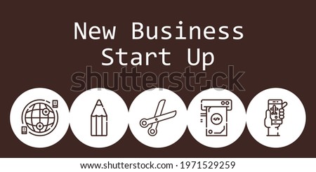 new business start up background concept with new business start up icons. Icons related scissors, money, check in, pencil, internet