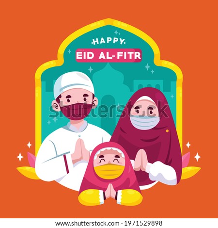 Eid al-fitr eid mubarak Arabic hijab family wearing mask illustration in a simplistic flat UI style
 Royalty-Free Stock Photo #1971529898