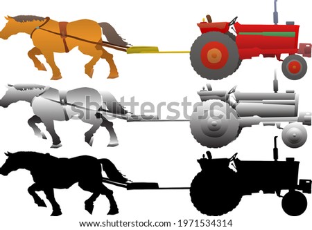 Silhouette icon of workhorse in a tug of war against tractor machinery for the concept of muscle versus machine. Vector illustration.