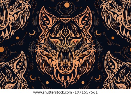 Seamless pattern with contour gold wolf head and sacred symbols on dark background. Predator portrait in front with boho pattern. Tribal luxury texture for fabrics and wallpapers.