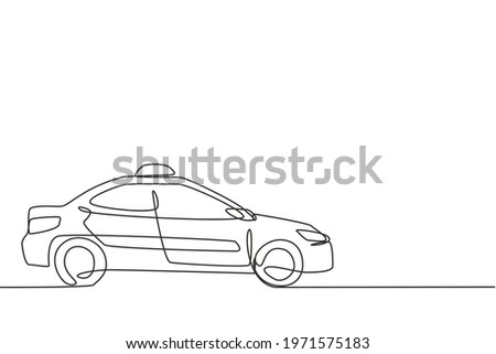 Single one line drawing of the newest modern taxi car uses a meter, GPS, and can be ordered online. Technological advances in transportation. Continuous line draw design graphic vector illustration.