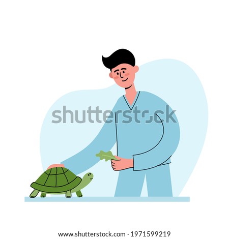 Vector illustration of veterinarian with turtle at vet appointment. Man