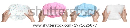 Collage with photos of women holding different shower caps on white background, closeup. Banner design Royalty-Free Stock Photo #1971625877