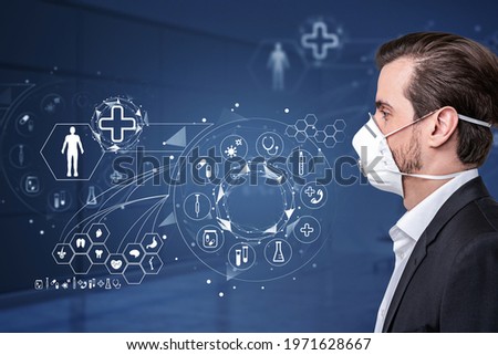 Office man profile in white mask, coronavirus protection. White digital hud with medicine and health icons. Concept of treatment and healthcare in business company