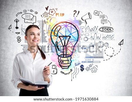 Office woman with pencil and business notes near lightbulb sketch with circuit of network connection, graphs and financial analysis. Concept of business idea and management
