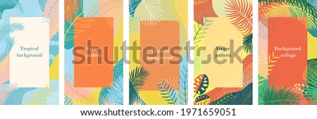 Abstract summer background with tropical palm leaves. Texture in blue and orange, jungle, beach theme. Set of backgrounds for posts, social network, flyer, card, sale Vertical template, place for text Royalty-Free Stock Photo #1971659051