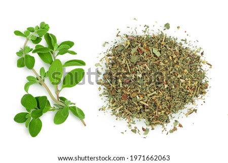Oregano or marjoram leaves fresh and dry isolated on white background with clipping path. Top view. Flat lay Royalty-Free Stock Photo #1971662063