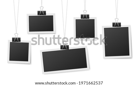 Frames hang on clips. Photo frame hanging, photos clothespin and rope. Retro blank templates for photography, memory image recent vector concept