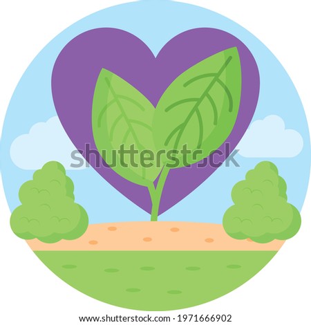 Cordate leaf Plant with Sky and Clouds Concept Vector Color Icon Design, Nature Lover Symbol, Heart in nature Stock illustration, Beautiful Landscape scenery Ideas in Round Shape,