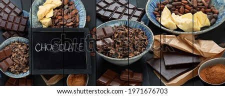 Collage of delicious chocolate bars and pieces. 
