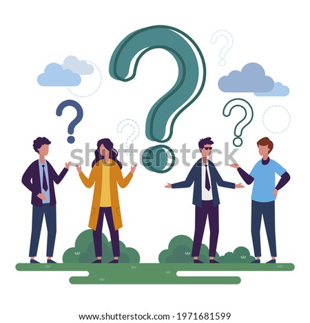 People asking question. Pensive person reflect. People think, talk clever answer. Group partner communication for solution task.  Humans solve riddle, doubt. Difficulty dialog. Vector illustration. 