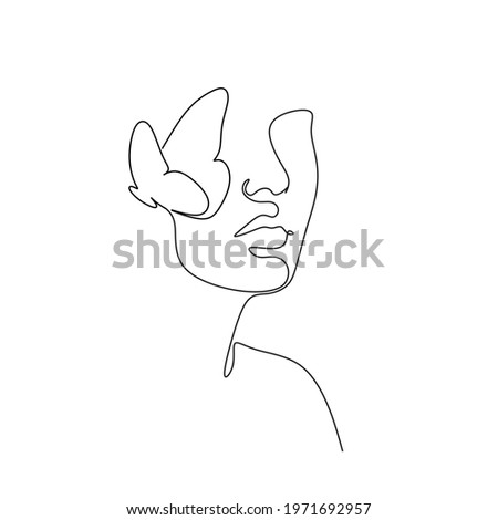 Abstract face with butterfly by one line drawing. Buttrfly Line Art. Portrait minimalistic style.  Botanical print. Nature symbol of cosmetics. 
Fashion print. Beaty salon art