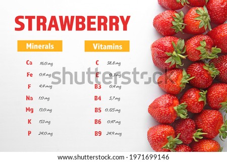 Fresh strawberry with nutrition facts on white background