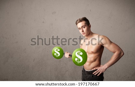 Strong muscular man lifting green dollar sign weights