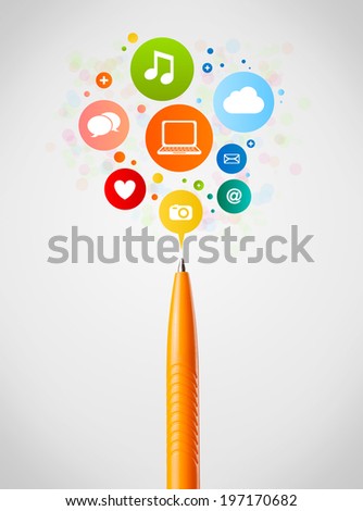 Pen close-up with social network icons