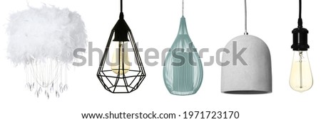 Set with stylish lamps hanging on white background. Banner design