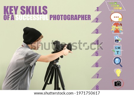 Cute little boy with camera and key skills of successful photographer on color background
